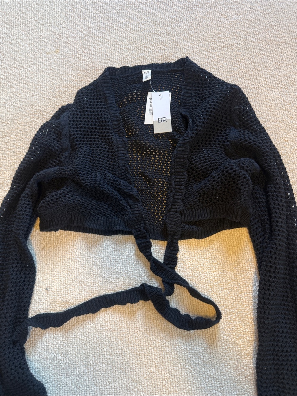 bp Black Cropped Open-Knit Tie-Front Cardigan
